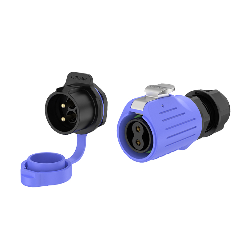 LP20型2芯锁线款蓝色20A电源面板式全塑料防水连接器